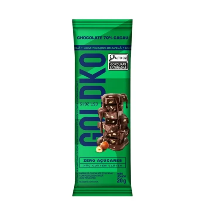 Barra de Chocolate Goldko 70% Cacau com Avelãs Zero Adição De Açúcares 20G